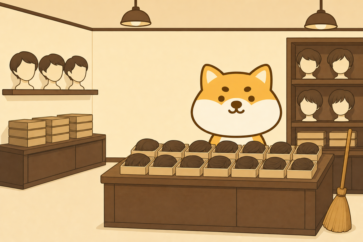 Bald Inu standing behind a shop counter of boxed toupees, with wigged mannequin heads on the shelves