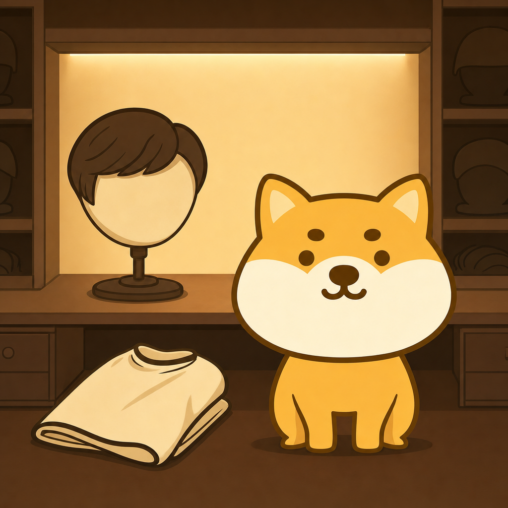 Bald Inu sitting beside a lit display case holding a single toupee on a stand